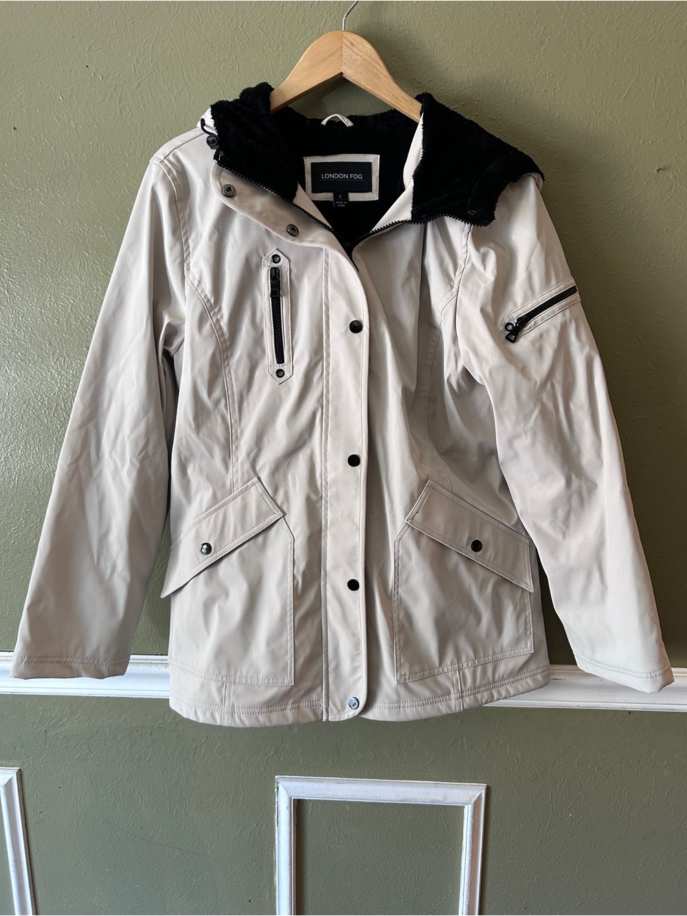 London Fog Fleece Lined Women’s Cream Hooded Coat Granola Girl Gorpcore Large